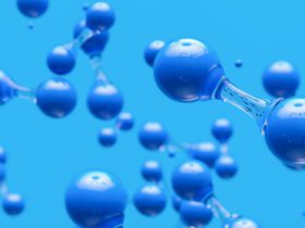 hydrogen molecules against blue background
