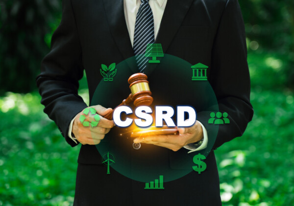 Businessperson in suit holding a gavel with CSR-themed green icons and the letters CSR overlayed in bright white, set in a green outdoor background.