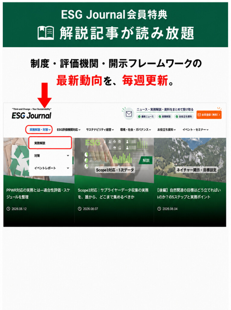 ESG Journal の実務解説ページへの案内。画面上部にメニュー「実務解説・対策」が赤枠と矢印で強調されている様子。