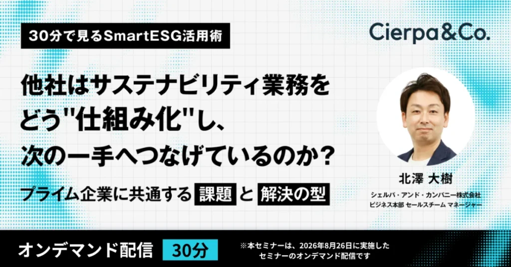 ウェビナー案内バナー。左に黒字の大見出し『他社はサステナビリティ業務をどう“仕組み化”し、次の一手へつなげているのか？』と補足文、右に講師の写真と氏名、左上に『30分で見るSmartESG活用術』、右上にCierpa&Co. のロゴ。
