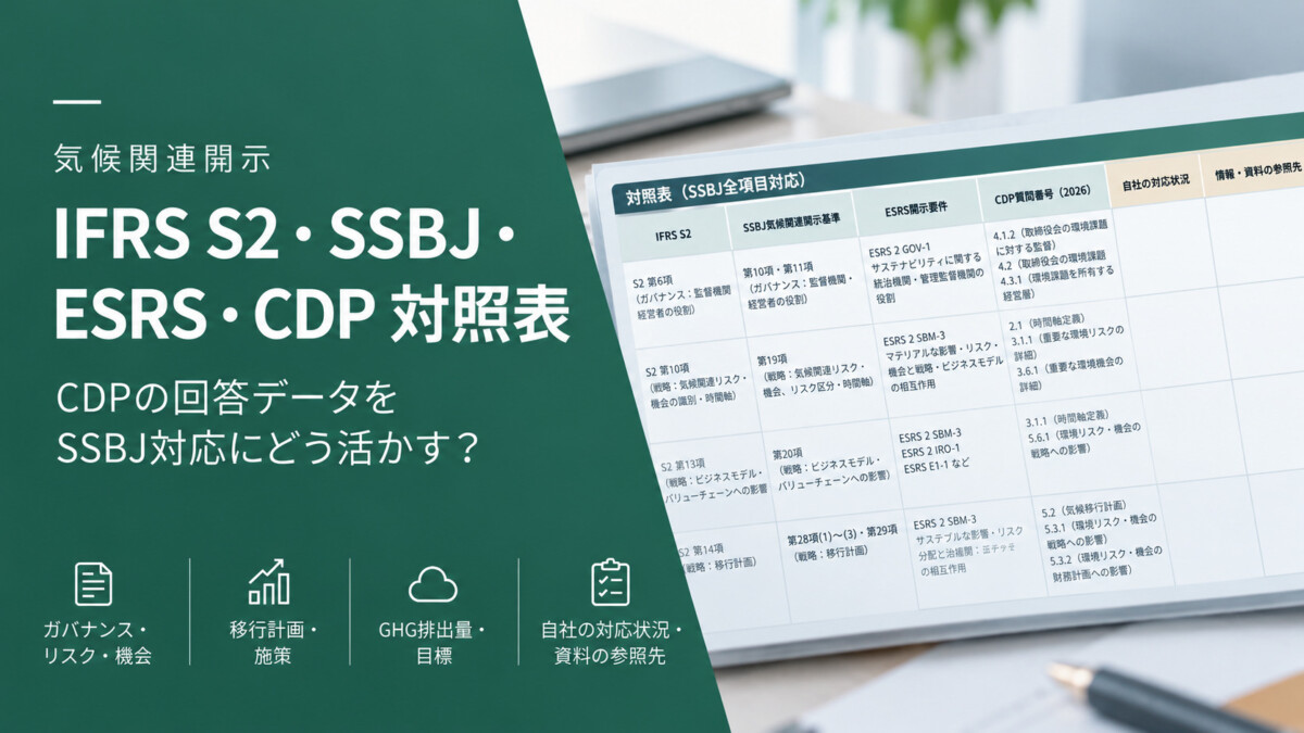 SSBJ CDP早見表 - ESG Journal 日本語のヘッダ画像。IFRS S2・SSBJ・ESRS・CDPなどの気候開示基準を示す緑色の左パネルと、机の上の表を斜めに映した資料ページの組み合わせ。