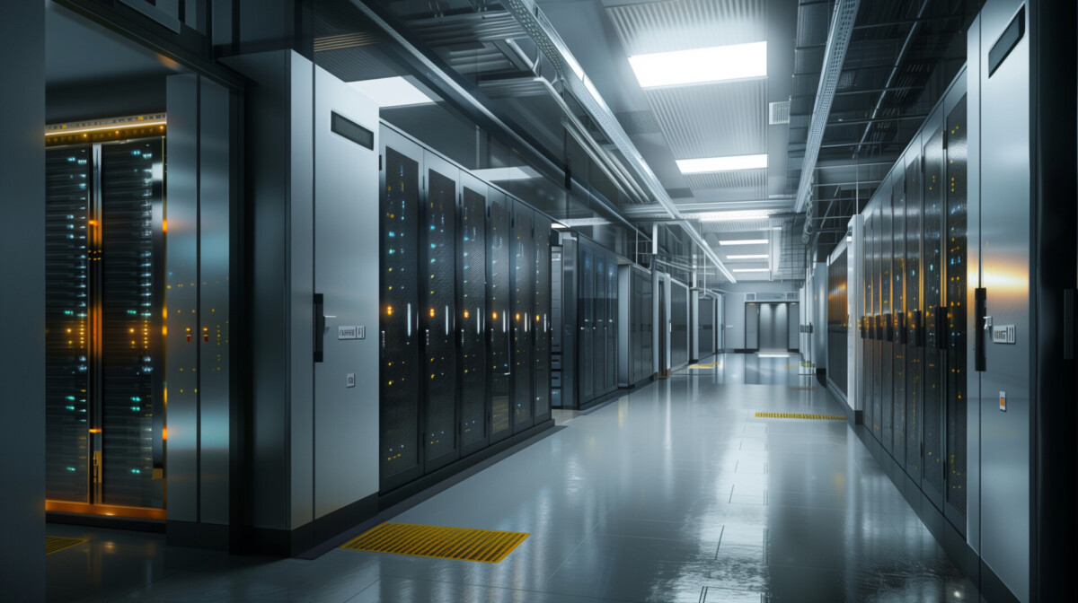 Data center corridor with rows of server racks and glowing indicator LEDs in cool blue lighting
