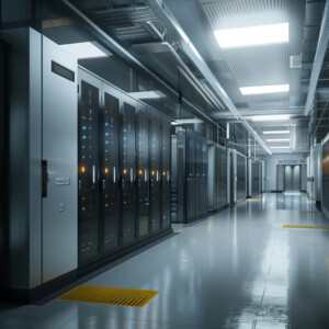 Data center corridor with rows of server racks and glowing indicator LEDs in cool blue lighting