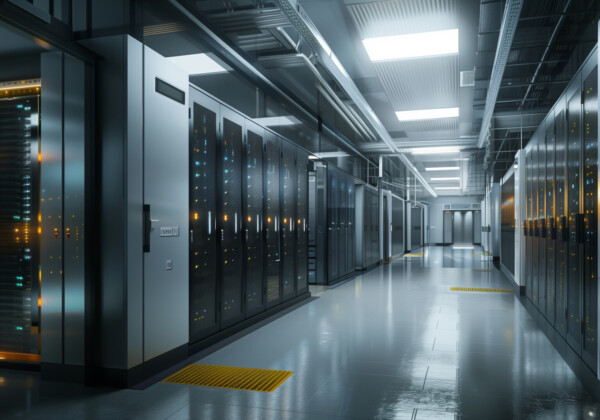 Data center corridor with rows of server racks and glowing indicator LEDs in cool blue lighting