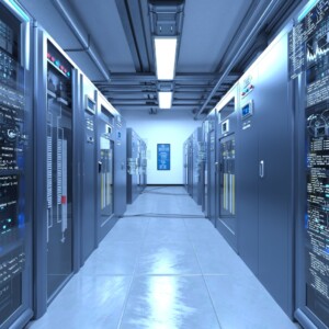 Data center corridor with rows of server racks and blue-tinged lighting, code and dashboards displayed on panels nearby.