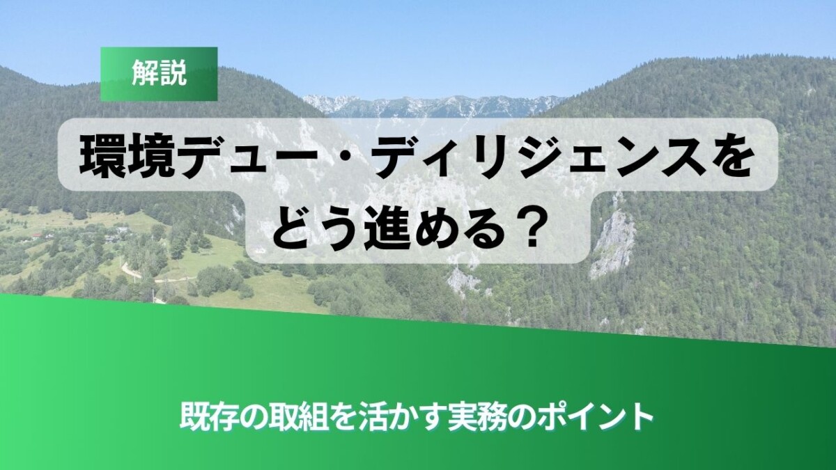 Slide title: 解説 環境デュージリジェンスをどう進める？ 既存の取組を活かす実務のポイント（背景に山岳風景、前景に緑のデザイン）