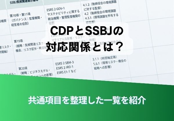 Infographic explaining the relationship between CDP and SSBJ, with a large Japanese title 'CDPとSSBJの対応関係とは？' and a green gradient banner reading '共通項目を整理した一覧を紹介'