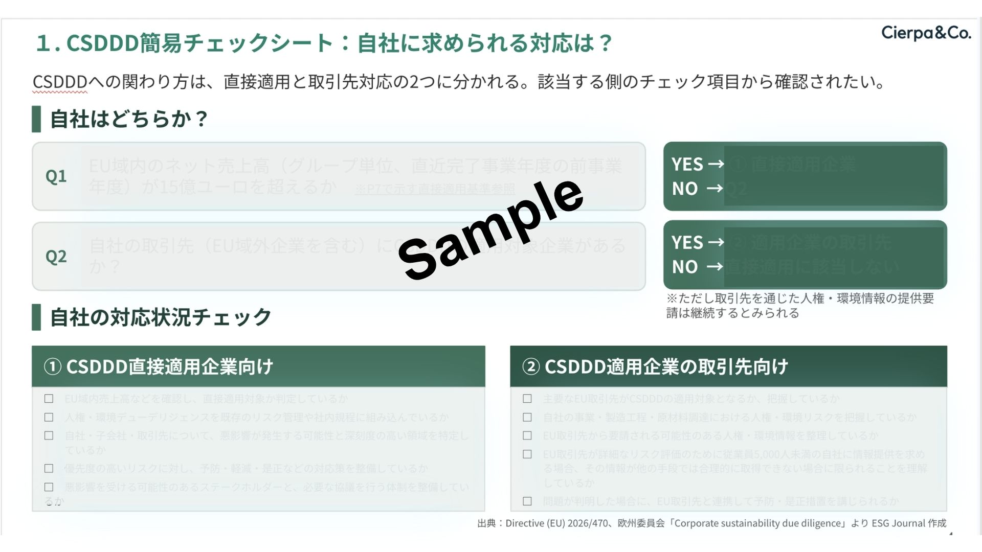CSDDD簡易チェックシートのスライド。Q1・Q2とYes/Noの選択欄が並ぶ、サンプル文字が中央に重なっている画面。