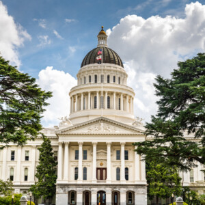 Front view of a neoclassical capitol building with a large dome, flags, and surrounding palm trees under a blue sky.