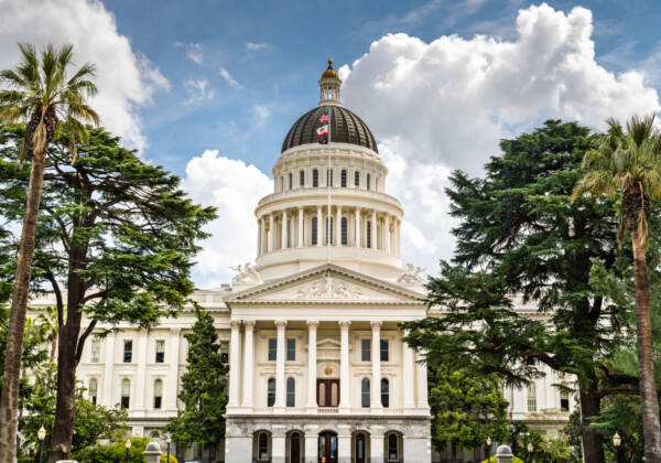 Front view of a neoclassical capitol building with a large dome, flags, and surrounding palm trees under a blue sky.